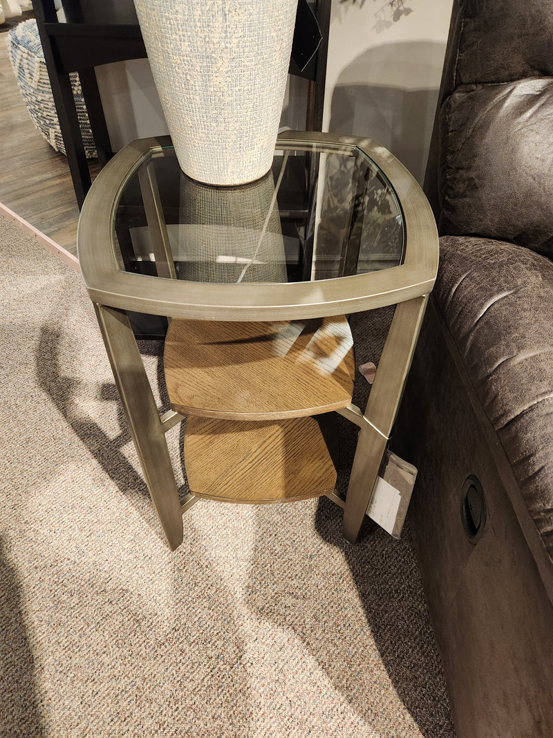 Magnussen T5692 Ardis Square Accent Table with two oak veneer shelves, shown in showroom.