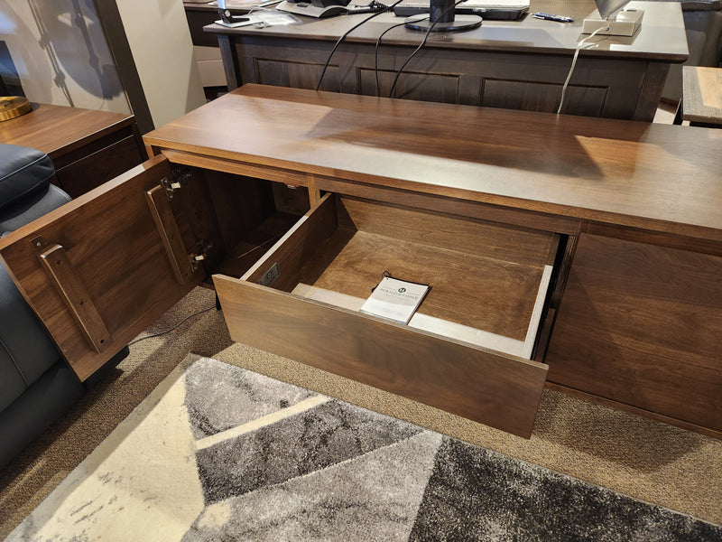 The Handstone N-EVHD60 Evora 60" Entertainment Unit features an open cabinet, ideal for mid-century style rooms.