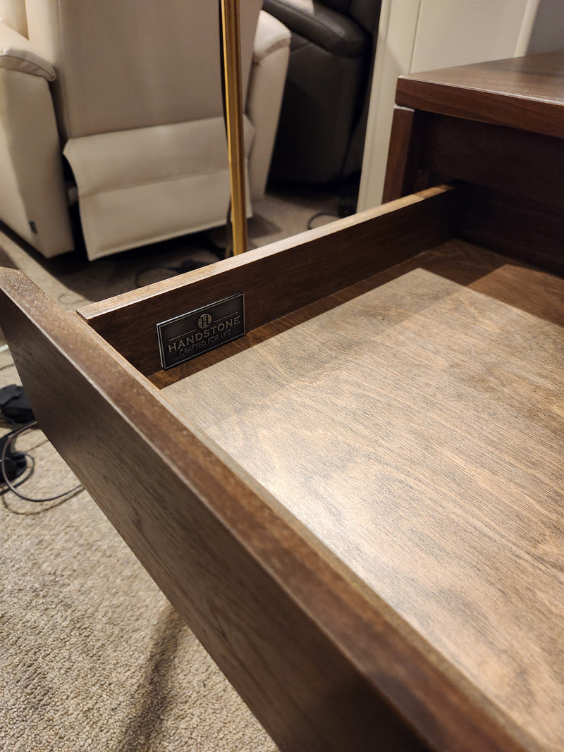 The N-EV23 Evora End Table by Handstone is shown open next to a beige armchair and a lamp.