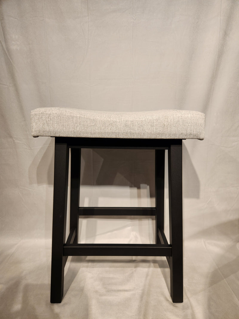 The Amisco Miller Counter Height Bar Stool features a light gray cushion and black wooden legs against a neutral backdrop.