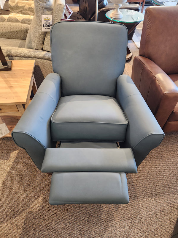 La-z-boy 450 Haven High Leg Recliner on carpet near a wooden side table, featuring extended footrest.