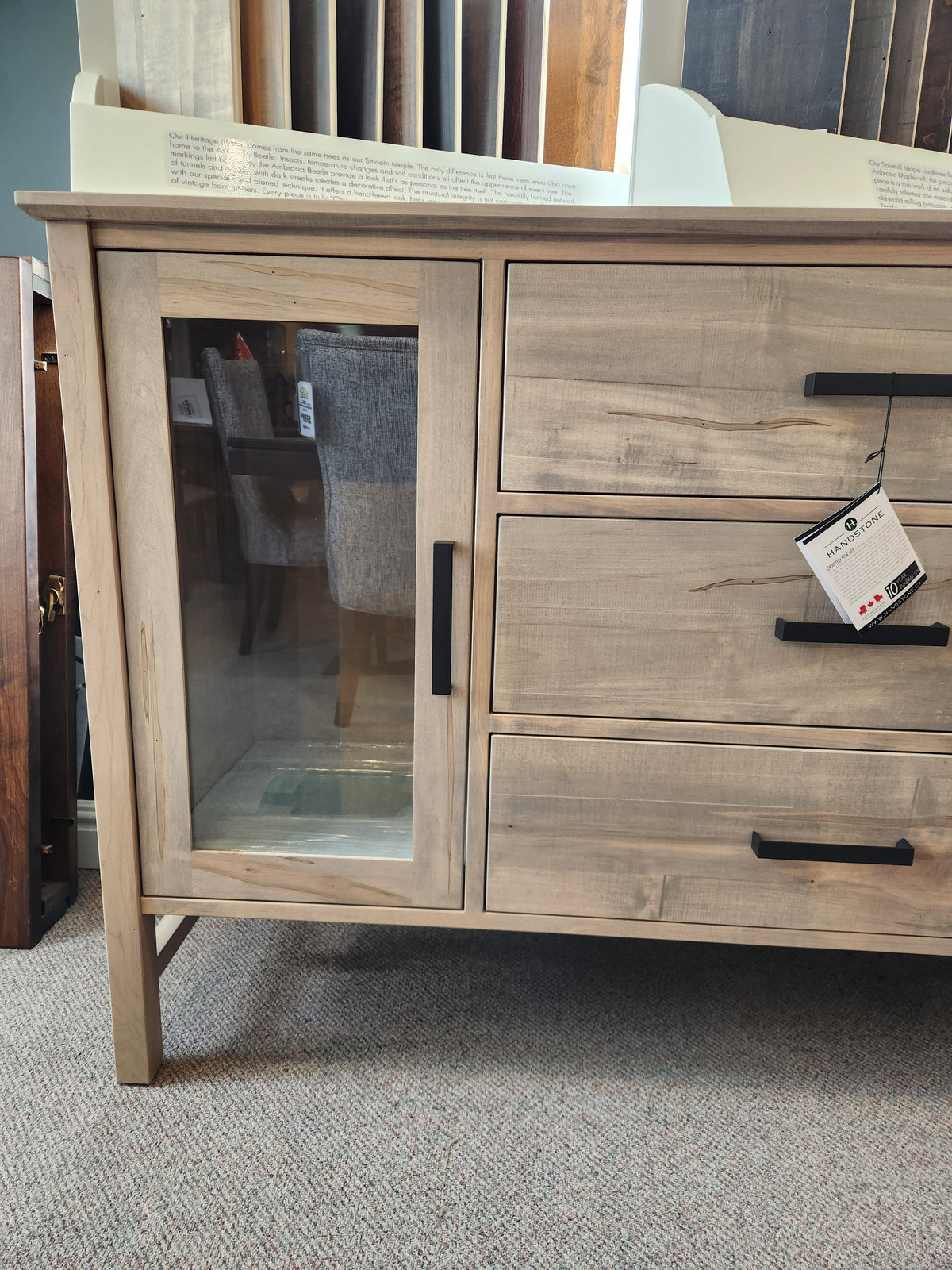 Handstone Brooklyn Dining Sideboard with pot lights, light wood, glass door, black handles—compact and contemporary.