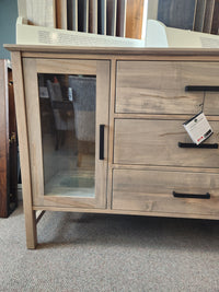 Handstone Brooklyn Dining Sideboard with pot lights, light wood, glass door, black handles—compact and contemporary.