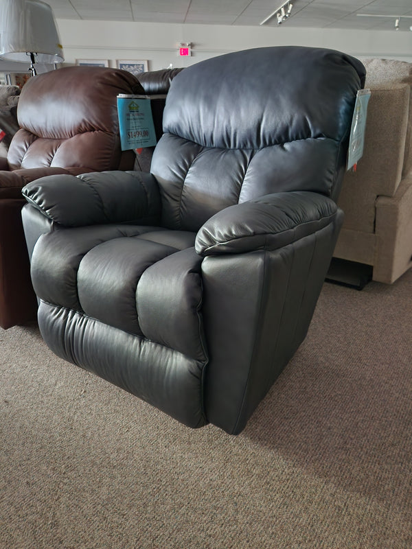 The La-Z-Boy 766 Morrison All Leather Rocker Recliner in black is displayed in the showroom with a price tag.