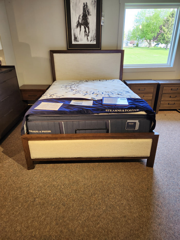 The Magnussen B5907 Llewellyn Queen Bed Frame, shown with info sheets, features refined charm and upholstered elegance.