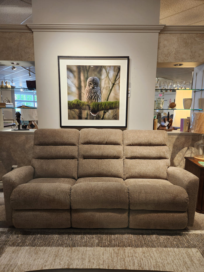 The La-z-boy 786 Liam Power Reclining Sofa in beige sits below a framed owl photo in a stylish, decorated showroom.