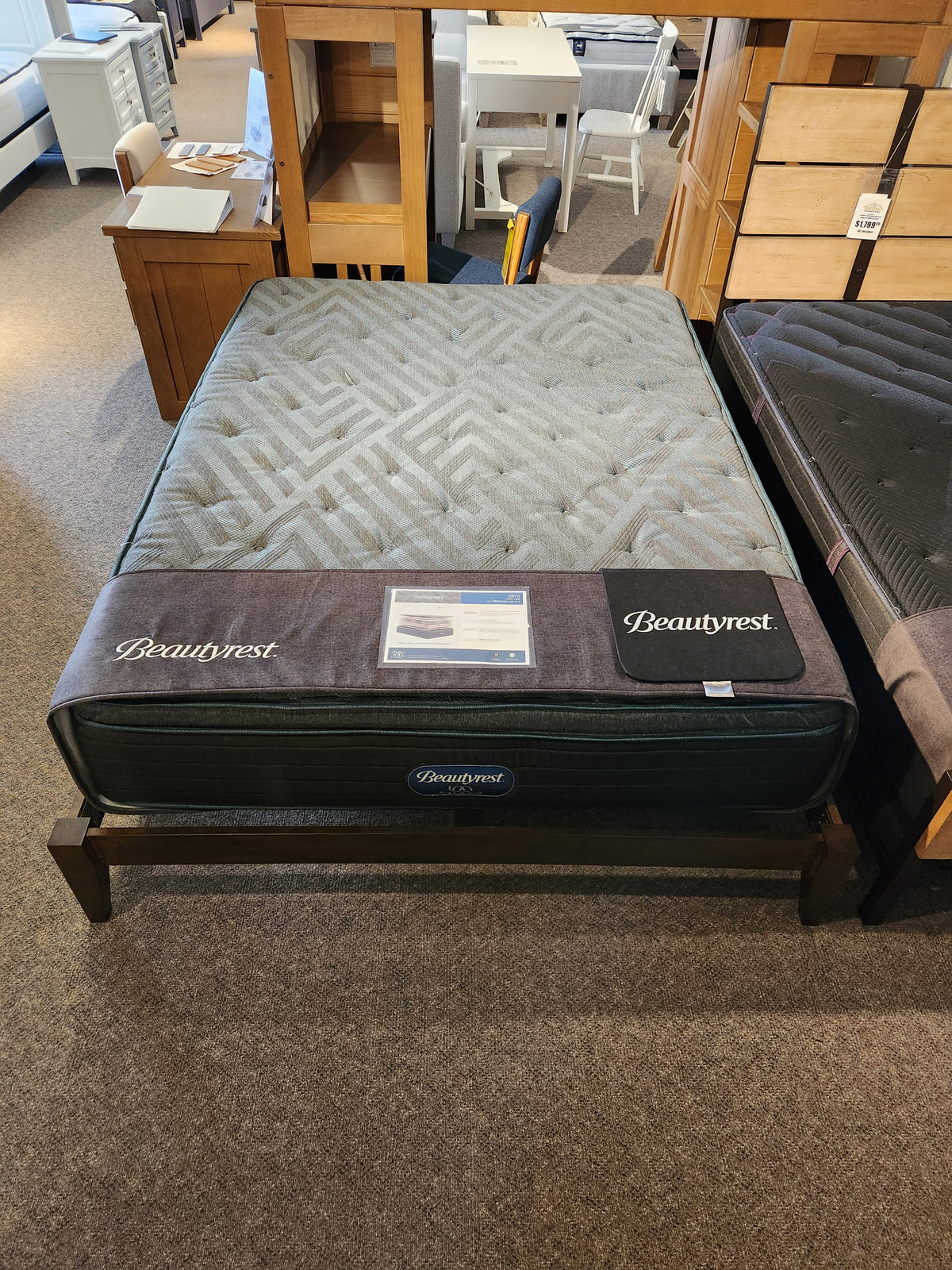 A Fashion Willa Queen Platform Bedframe supports a Beautyrest mattress, with product info displayed on top.