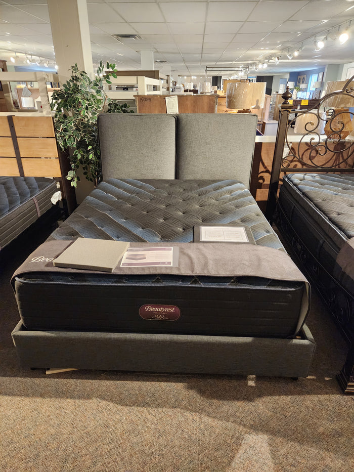 A queen Alba Upholstered Bed Frame by Donald Choi in mango wood is displayed in a showroom with brochures on top.