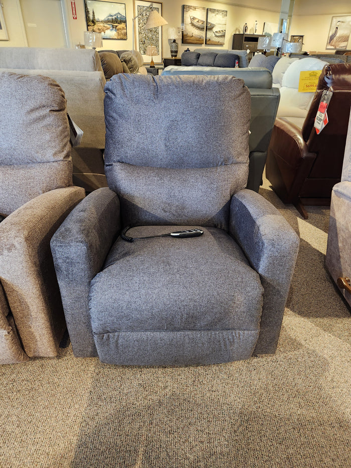 La-Z-Boy 725 Sherman Power Rocker Recliner in gray with advanced features and remote, shown in a showroom.