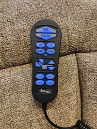The Golden Noah UC-566 Med Power Lift Chair remote has blue-lit buttons for rise, recline, TV, sleep, home & lumbar.
