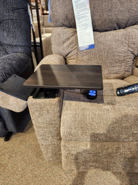 Golden Noah UC-566 Med Power Lift Chair in brown with tray table, cup holder, and remote displayed in a store.