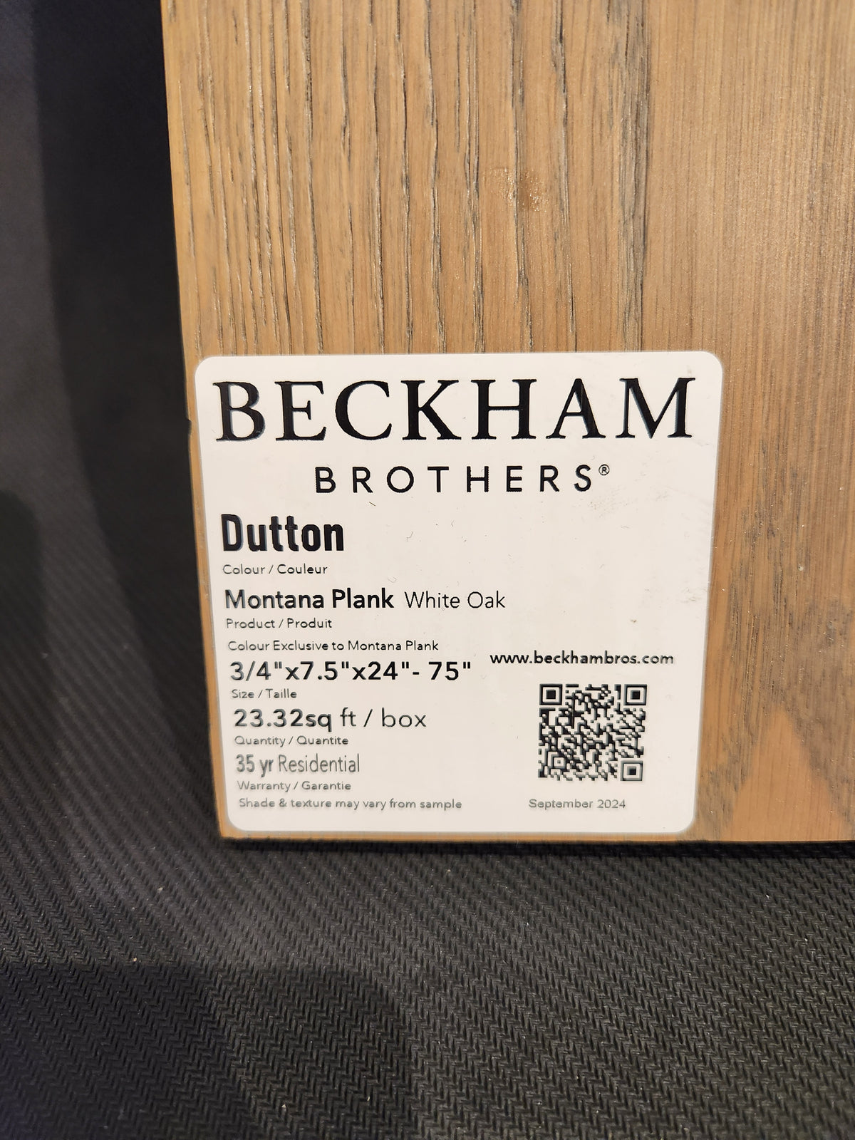Label shows Beckham Brothers Montana Plank White Oak wood floor product details.