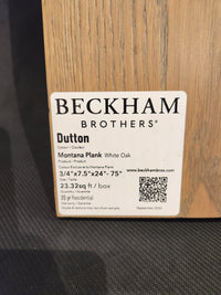 Label shows Beckham Brothers Montana Plank White Oak wood floor product details.