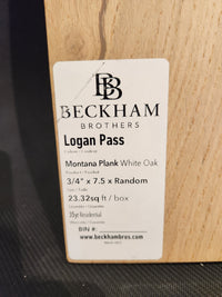 Beckham Brothers Montana Plank White Oak hardwood flooring label with size and quantity details.