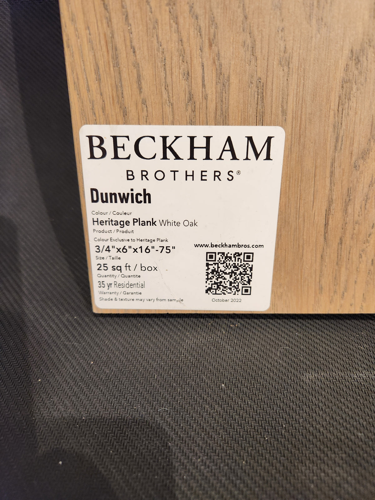 Label on Heritage Plank White Oak by Beckham Brothers with product details and QR code.