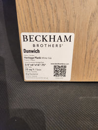 Label on Heritage Plank White Oak by Beckham Brothers with product details and QR code.