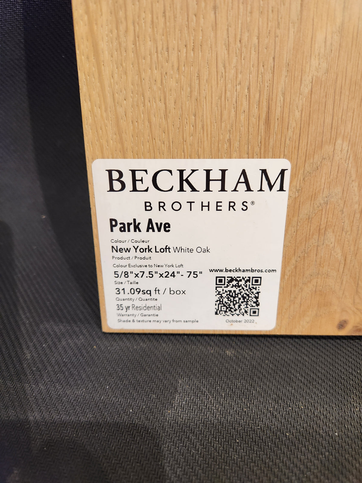 Label: Beckham Brothers New York Loft White Oak-Hardwood, 31.09 sq ft/box, Oct 2022.