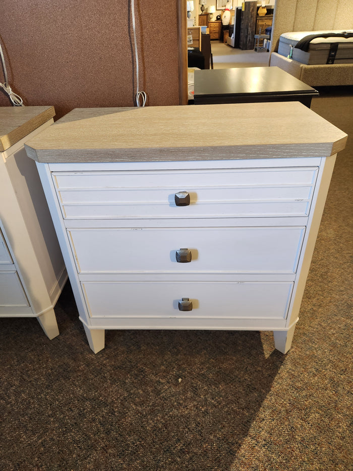 Magnussen B6310 Echo Isles night stand: transitional white, 3 drawers, silver handles, quartered oak top.