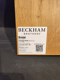 Label on sample: Beckham Brothers Heritage Plank White Oak, 3/4"x6"x16-75", premium hardwood, 25 sq. ft./box.