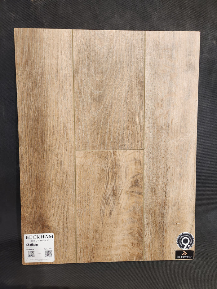 A sample board displays Hang Loose Luxury Vinyl (Glue-Down Plank) by Beckham Brothers, with labels in both lower corners.