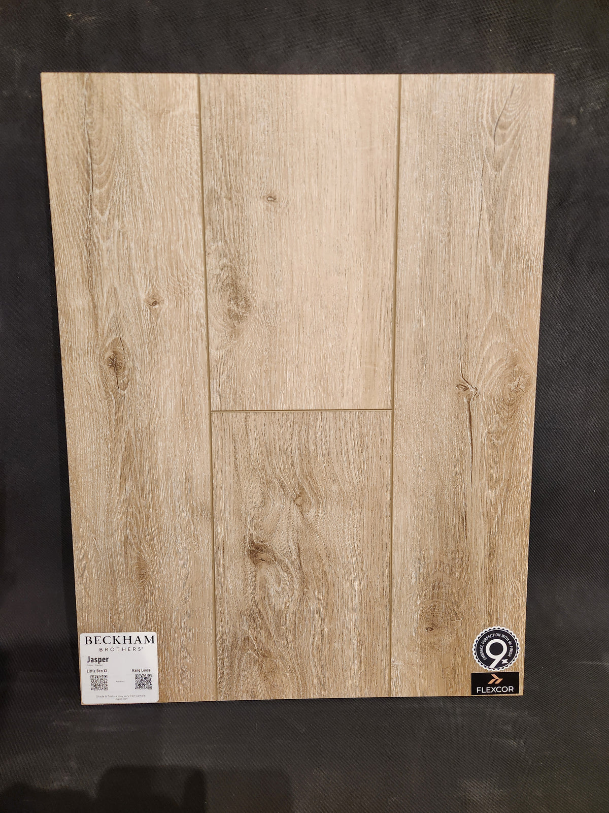 Light wood-look sample, three vertical panels; Beckham Brothers Little Ben XL Luxury Vinyl Click Plank flooring.
