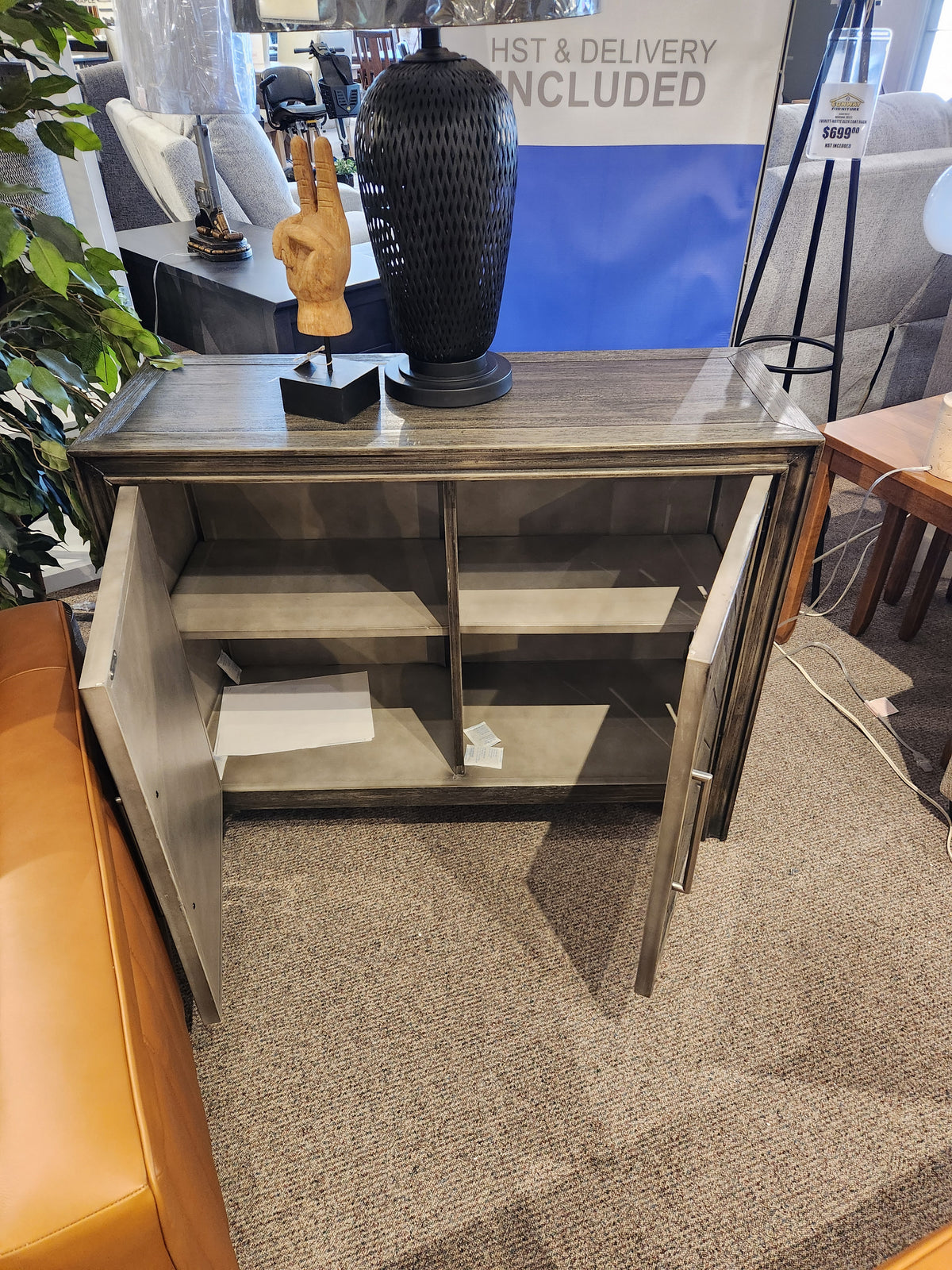 Jofran Gramercy 2 Door Accent Cabinet features open shelves and a chevron inlay top.