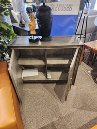 Jofran Gramercy 2 Door Accent Cabinet features open shelves and a chevron inlay top.