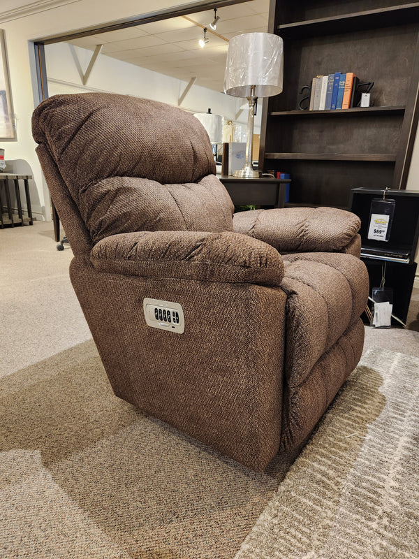La-z-boy 766 Morrison Power XR Recliner with USB port, shown in a showroom beside a bookshelf and lamp.