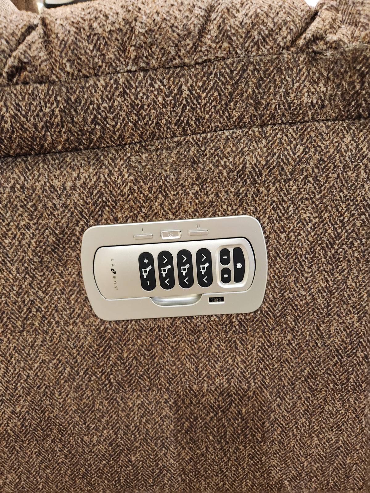 La-z-boy 766 Morrison Power XR Recliner features side control buttons and textured brown family-friendly upholstery.