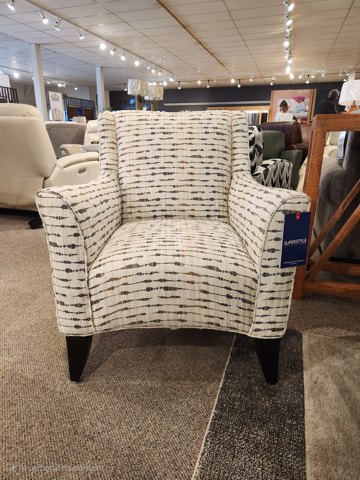 Superstyle 341 Accent Chair with patterned fabric and espresso legs displayed in a furniture showroom.