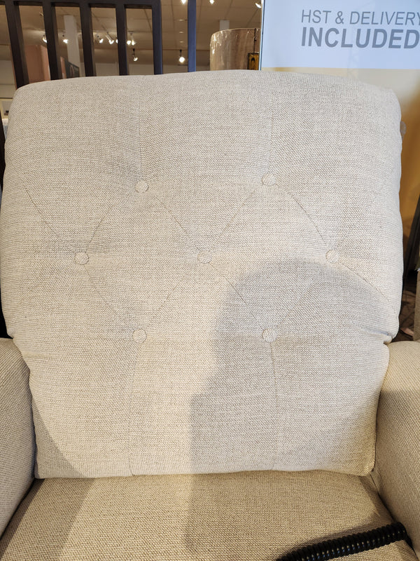 La-z-boy 794 Billie Bronze Lift Chair with beige upholstered, button-tufted backrest, photographed indoors in shadow.