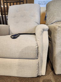 La-z-boy 794 Billie Bronze Lift Chair, light beige with left-arm remote, shown in showroom.