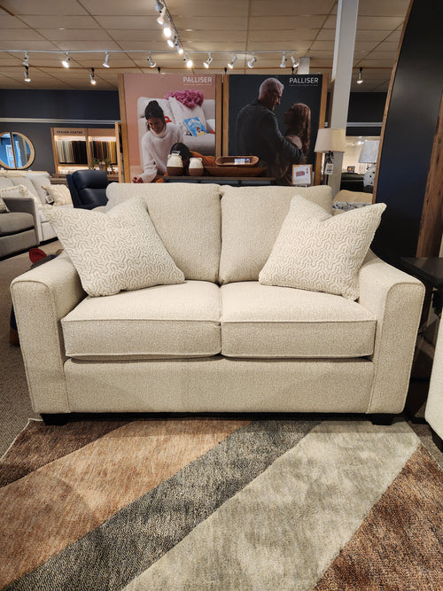 The Decor-rest 2981 Loveseat features box seat cushions and two patterned pillows, perfect for any stylish space.