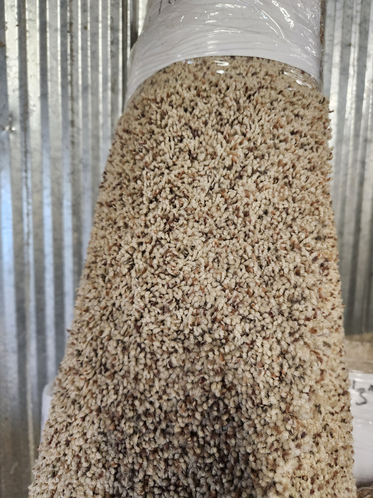 A Flooring CLEARANCE Carpet Remnant 6'10" X 5'1" stands upright against a corrugated metal wall.
