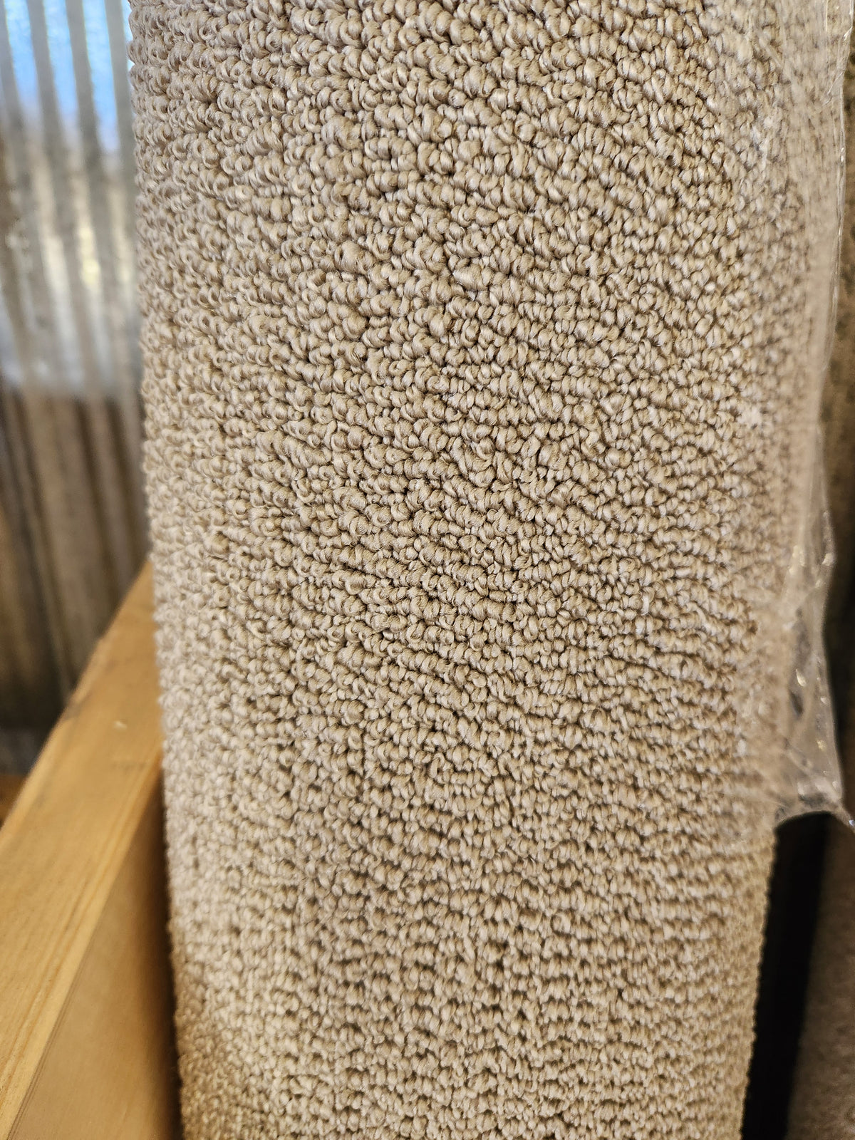 Close-up of Flooring CLEARANCE Carpet Remnant 4'9" x 6', taupe, looped low pile, rolled and stored vertically in store.