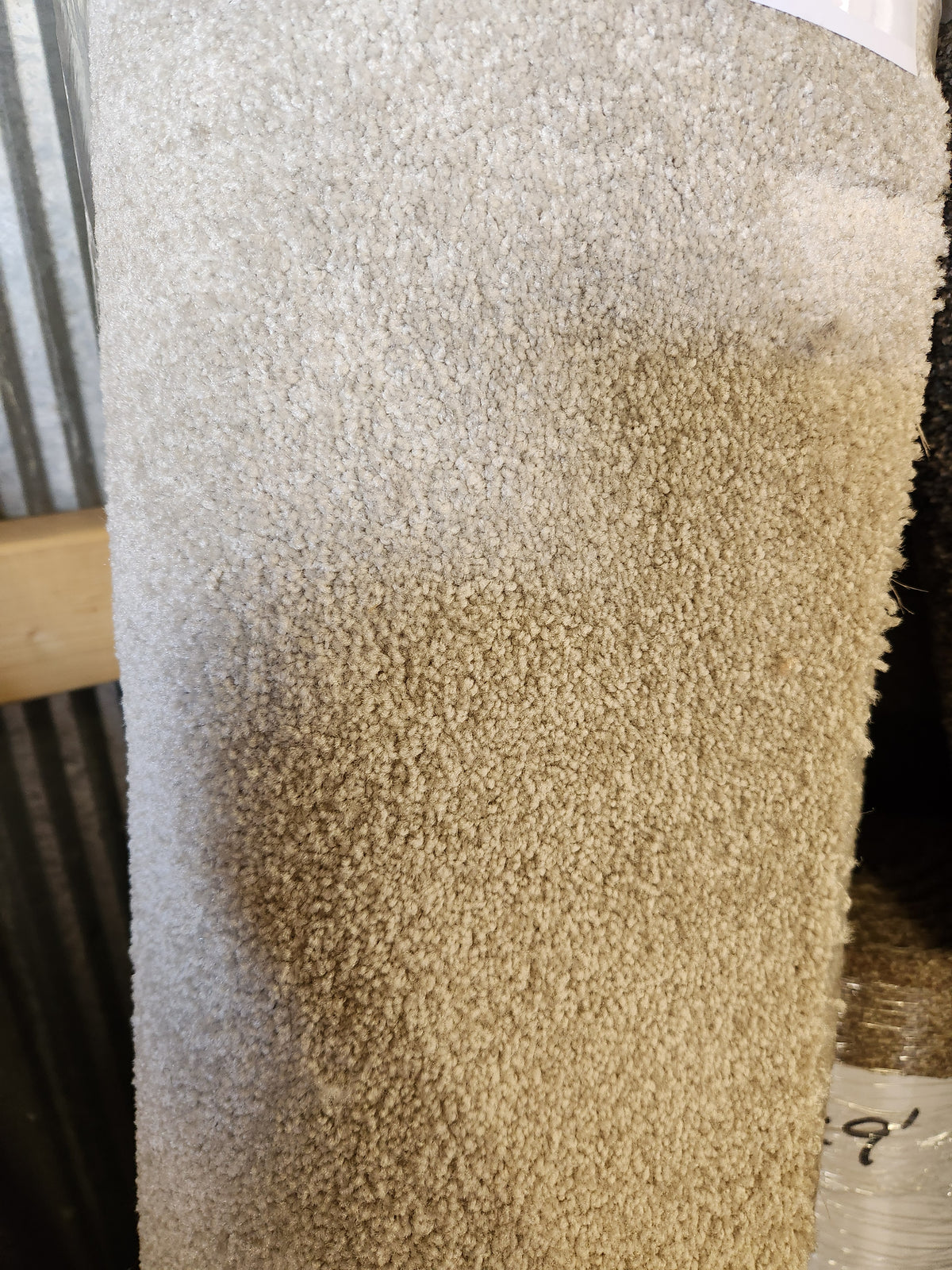 Flooring CLEARANCE Carpet Remnant 5'3" X 8', medium pile beige with dark stain, stored upright in warehouse.