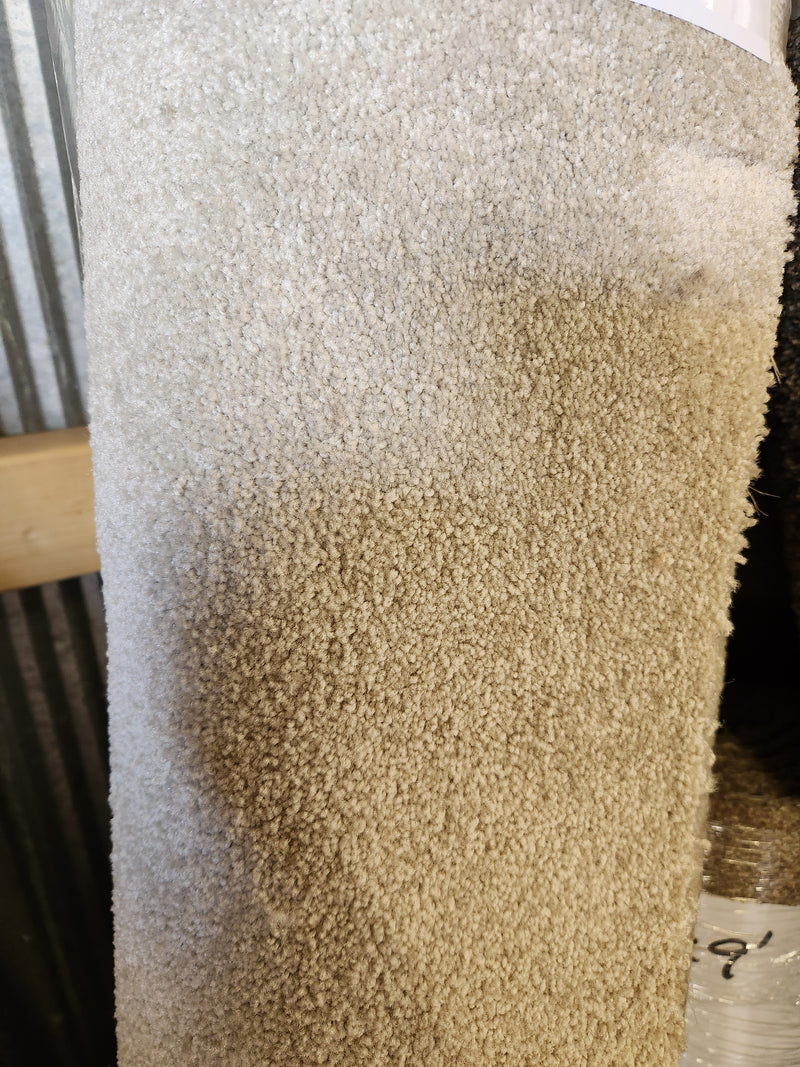 Flooring CLEARANCE Carpet Remnant 5'3" X 8', medium pile beige with dark stain, stored upright in warehouse.