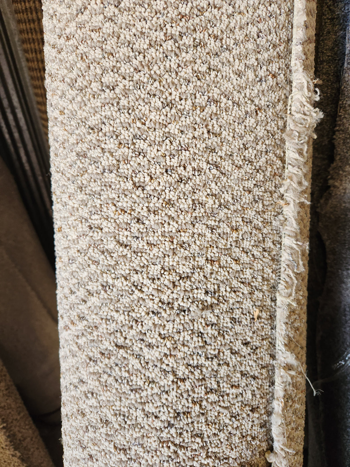 Close-up of Flooring CLEARANCE Carpet Remnant 8'10" x 4'10", low pile tan with textured surface and frayed right edge.