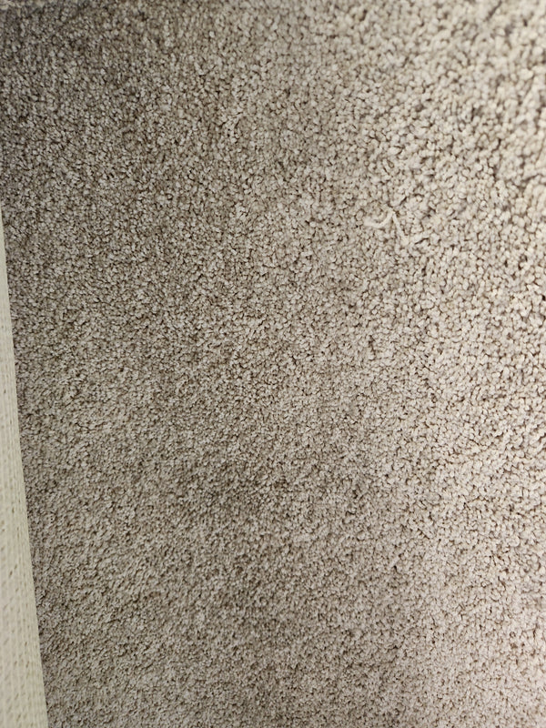 Close-up of Flooring CLEARANCE Carpet Remnant 12' X 12', beige medium pile, textured surface, wall edge on left.