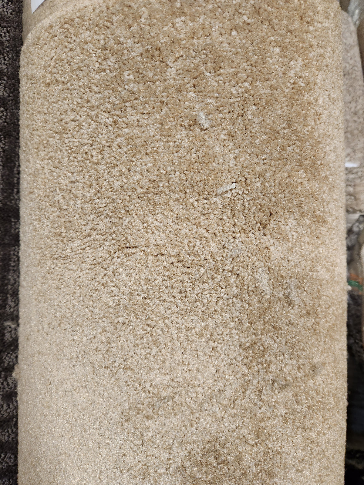 A close-up of Flooring CLEARANCE Carpet Remnant 12' X 6'6" in beige with a soft, textured, medium pile.