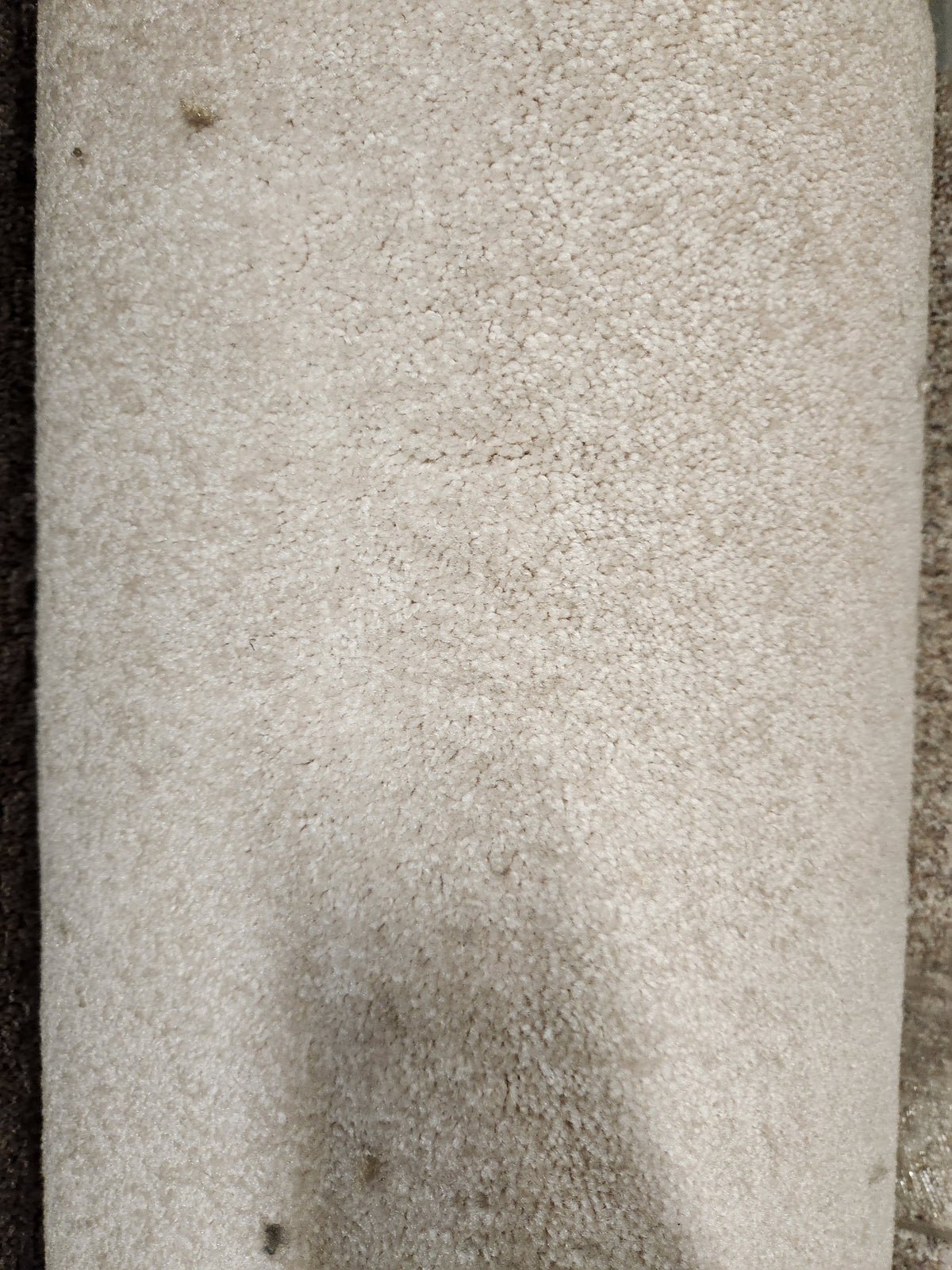 Close-up of Flooring CLEARANCE Carpet Remnant 7'5" x 14'11", medium pile, light beige with minor dirt spots and texture.