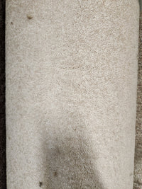 Close-up of Flooring CLEARANCE Carpet Remnant 7'5" x 14'11", medium pile, light beige with minor dirt spots and texture.