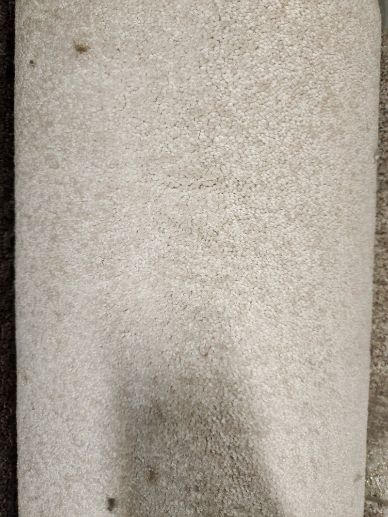 Close-up of Flooring CLEARANCE Carpet Remnant 7'5" x 14'11", medium pile, light beige with minor dirt spots and texture.