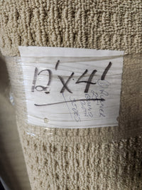 Flooring CLEARANCE Carpet Remnant 12' x 4', beige looped low pile, bound both sides, label: "drawer 25".
