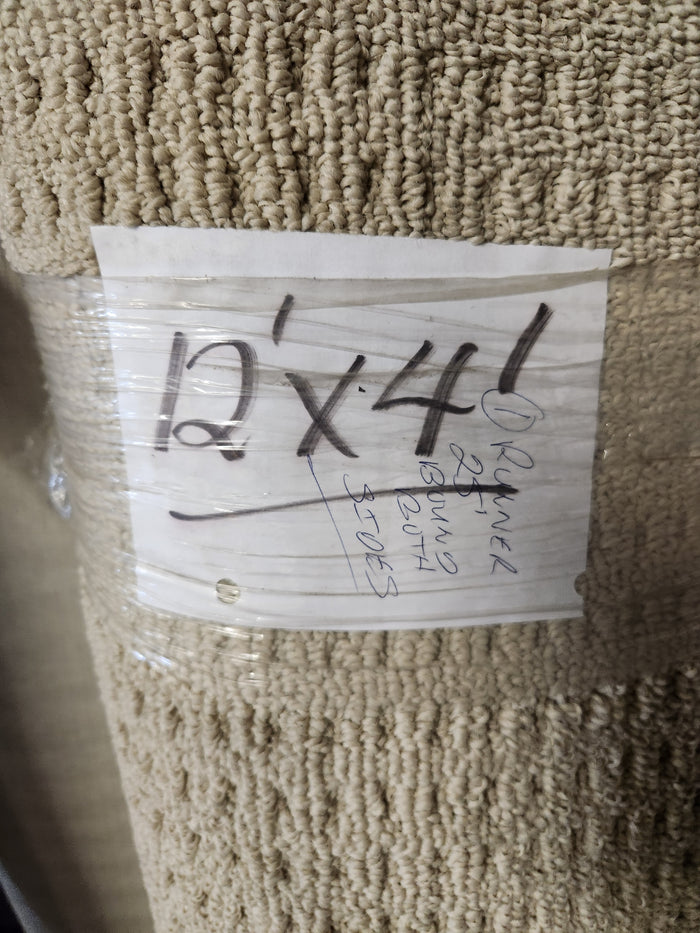 Flooring CLEARANCE Carpet Remnant 12' x 4', beige looped low pile, bound both sides, label: "drawer 25".