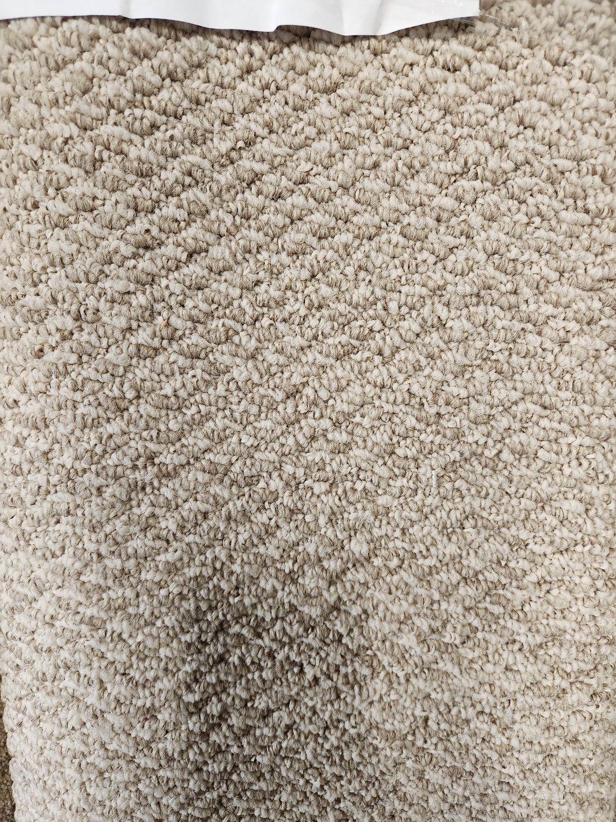 Close-up of Flooring CLEARANCE Carpet Remnant 5'8" X 6'5", beige with a hint of Medium Plie grey at the top edge.