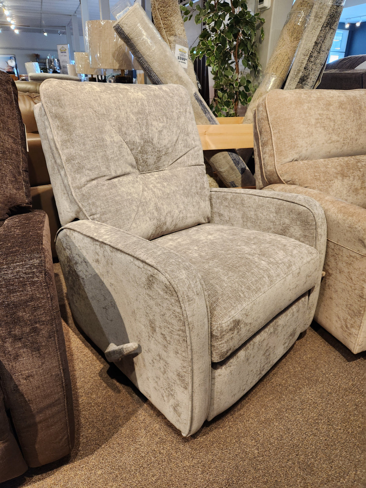 The Palliser 40033 Theo swivel glider recliner with side lever is a compact, light gray chair for nursery or living room.