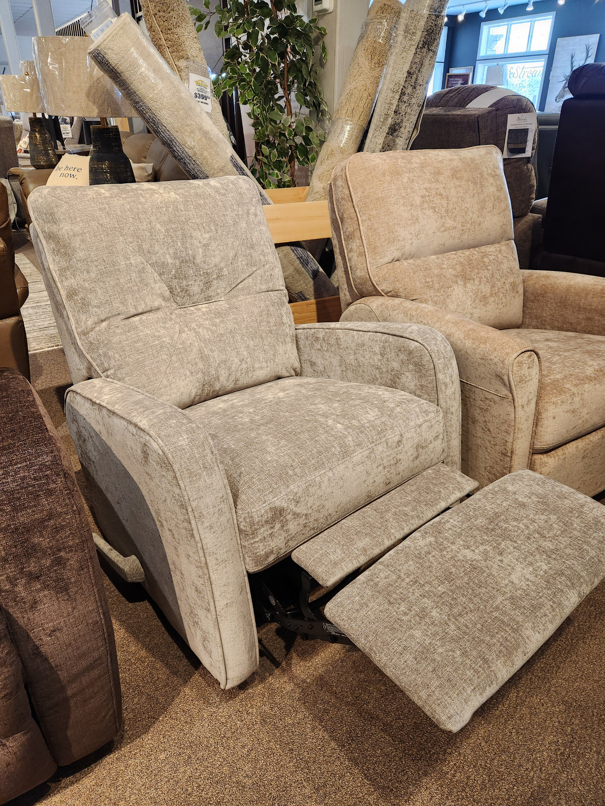 The Palliser 40033 Theo Swivel Glider Recliner in light beige is a compact chair with footrest, perfect for nursery or living rooms.