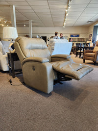 Best Maverly 9NP14 Space Saver Recliner in beige leather with footrest and USB port on display in showroom.