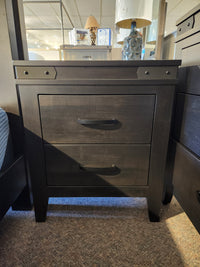 Handstone Chattanooga Power Nightstand with two drawers in Heritage Maple Charcoal finish.